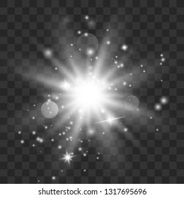 Glow light effect with white sparks and golden stars shine with special light.White glowing light. Star Light from the rays. The sun is backlit. Bright beautiful star. Sunlight. EPS10.