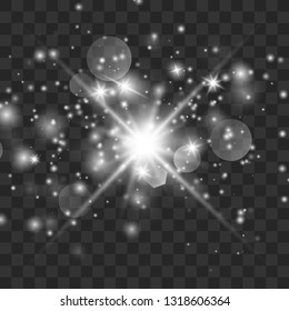 Glow light effect with white sparks and golden stars shine with special light.White glowing light. Star Light from the rays. The sun is backlit. Bright beautiful star. Sunlight. EPS10.