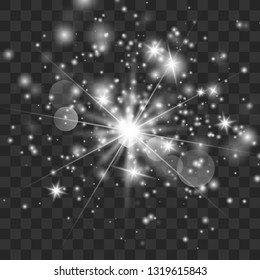 Glow light effect with white sparks and golden stars shine with special light.White glowing light. Star Light from the rays. The sun is backlit. Bright beautiful star. Sunlight. EPS10.