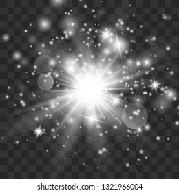Glow light effect with white sparks and golden stars shine with special light.White glowing light. Star Light from the rays. The sun is backlit. Bright beautiful star. Sunlight. EPS10.