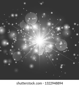 Glow light effect with white sparks and golden stars shine with special light.White glowing light. Star Light from the rays. The sun is backlit. Bright beautiful star. Sunlight. EPS10.