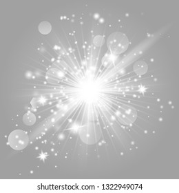 Glow light effect with white sparks and golden stars shine with special light.White glowing light. Star Light from the rays. The sun is backlit. Bright beautiful star. Sunlight. EPS10.