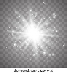 Glow light effect with white sparks and golden stars shine with special light.White glowing light. Star Light from the rays. The sun is backlit. Bright beautiful star. Sunlight. EPS10.