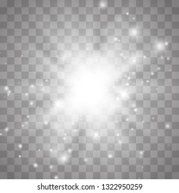 Glow light effect with white sparks and golden stars shine with special light.White glowing light. Star Light from the rays. The sun is backlit. Bright beautiful star. Sunlight. EPS10.