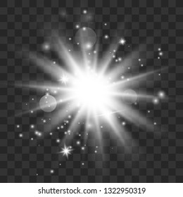 Glow light effect with white sparks and golden stars shine with special light.White glowing light. Star Light from the rays. The sun is backlit. Bright beautiful star. Sunlight. EPS10.