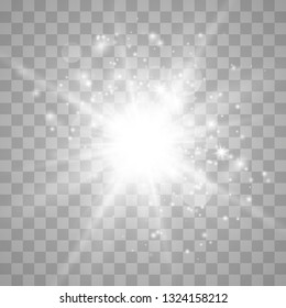 Glow light effect with white sparks and golden stars shine with special light.White glowing light. Star Light from the rays. The sun is backlit. Bright beautiful star. Sunlight. EPS10.