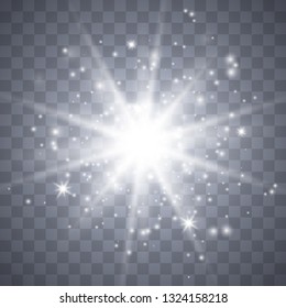 Glow light effect with white sparks and golden stars shine with special light.White glowing light. Star Light from the rays. The sun is backlit. Bright beautiful star. Sunlight. EPS10.