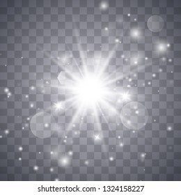 Glow light effect with white sparks and golden stars shine with special light.White glowing light. Star Light from the rays. The sun is backlit. Bright beautiful star. Sunlight. EPS10.
