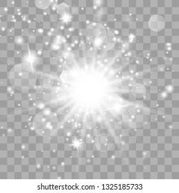 Glow light effect with white sparks and golden stars shine with special light.White glowing light. Star Light from the rays. The sun is backlit. Bright beautiful star. Sunlight. EPS10.