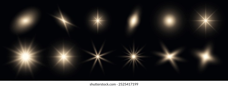 Glow light effects, explosion, glitter, star, flash, spark. Set of isolated yellow light effects. Transparent sunlight on black background. Light flash gold png. Vector illustration.