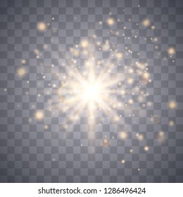 Glow light explodes on a transparent background. Sparkling magical dust particles. Bright Star. Transparent shining sun, bright flash. Vector sparkles. To center a bright flash. - Vector EPS10