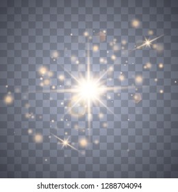 Glow light explodes on a transparent background. Sparkling magical dust particles. Bright Star. Transparent shining sun, bright flash. Vector sparkles. To center a bright flash. 