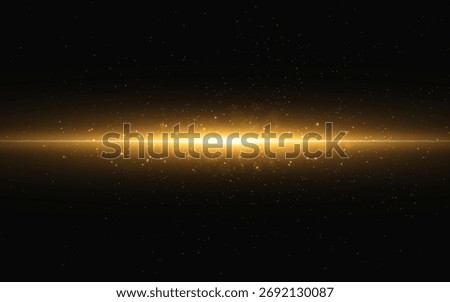 Glow light. Gold horizontal beam with magic particles. Abstract glowing flare. Magical line with golden glitter. Energy laser effect. Beautiful flash for greeting card or poster. Vector illustration.
