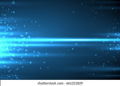 Glow light motion vector abstract blue background with lines and glitter particles.