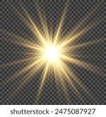 Glow light star, yellow sun rays, gold glare bokeh. Flash yellow sun, star flashed with sparkles.