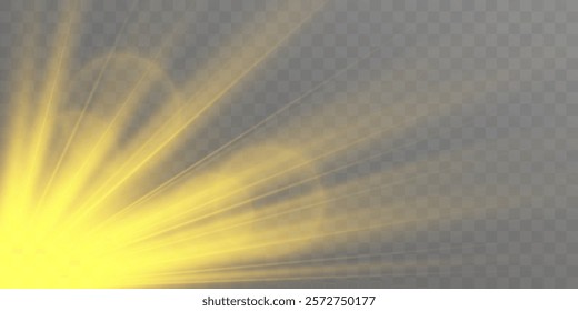 Glow light star, yellow sun rays, gold glare bokeh. Sparkle sun rays. Sunbeams special lens flare. Golden star. Vector	