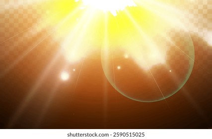 Glow light star, yellow sun rays, gold glare bokeh. Flash yellow sun, star flashed with sparkles.