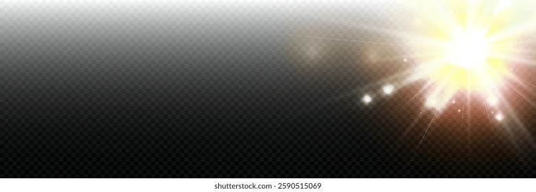 Glow light star, yellow sun rays, gold glare bokeh. Flash yellow sun, star flashed with sparkles.