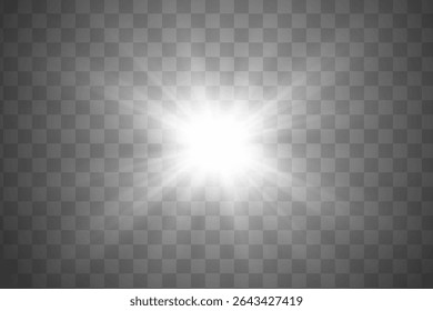 Glow light white star on transparent background. Vector bright flash