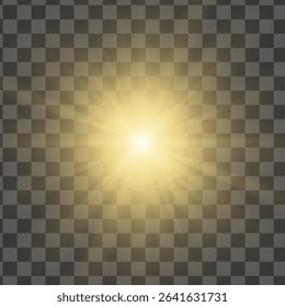 Glow light yellow star on transparent background. Vector bright flash