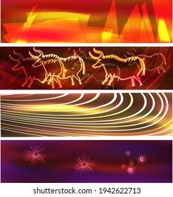 glow lights and bull drawings, vector illustrations