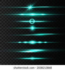 Glow line on transparent background, bright gold glare. Horizontal lens flares pack, laser beams, beautiful light flare. Light rays. Glowing streaks. Luminous abstract sparkling. Vector illustration