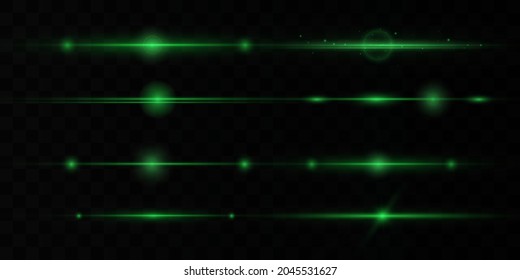 Línea brillante sobre fondo transparente, resplandor dorado brillante. Rasgos brillantes. Paquete de bengalas horizontales, vigas láser, bellos focos de luz. Rayos claros. Luminoso chisme abstracto. Ilustración del vector