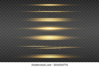 Líneas de brillo establecidas. Efecto de la luz dorada sobre el fondo transparente. Luminosas llamaradas de lujo. Líneas horizontales de energía. Escenas amarillas para afiches o pancartas. Ilustración vectorial.