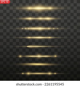 Glow lines set. Gold light effect on transparent background. Bright luxury flares. Horizontal energy lines. Yellow flashes for poster or banner. Vector illustration.