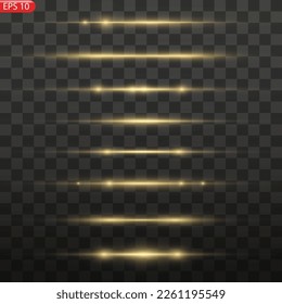 Glow lines set. Gold light effect on transparent background. Bright luxury flares. Horizontal energy lines. Yellow flashes for poster or banner. Vector illustration.
