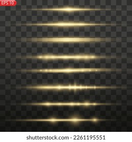 Glow lines set. Gold light effect on transparent background. Bright luxury flares. Horizontal energy lines. Yellow flashes for poster or banner. Vector illustration.