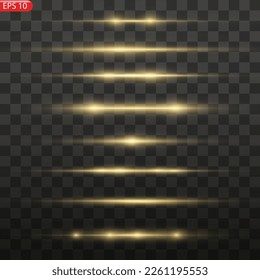 Glow lines set. Gold light effect on transparent background. Bright luxury flares. Horizontal energy lines. Yellow flashes for poster or banner. Vector illustration.