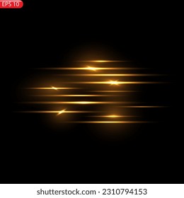 Glow lines set. Gold light effect on transparent background. Bright luxury flares. Horizontal energy lines. Yellow flashes for poster or banner. Vector illustration EPS10