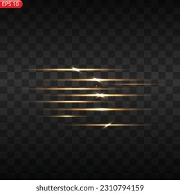 Glow lines set. Gold light effect on transparent background. Bright luxury flares. Horizontal energy lines. Yellow flashes for poster or banner. Vector illustration EPS10