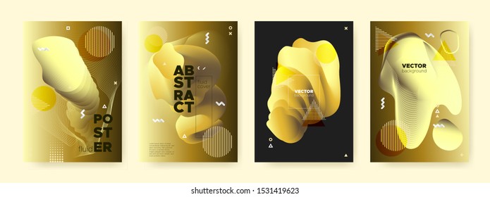 Glow Liquid Background. Graphic Memphis Banner. Fashion Golden Flow Poster. Luxury Contemporary Brochure. Bright Liquid Gradient. Gold Abstract Pattern. Yellow Wave Poster. Vector Liquid Shapes.