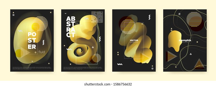 Glow Liquid Shapes. Luxury Abstract Banner. Fashion Golden Fluid Poster. Graphic Contemporary Brochure. Yellow Liquid Gradient. Gold Memphis Pattern. Bright Fluid Design. Vector Liquid Background.
