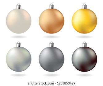 Glow metal christmas balls gold silver copper black white color. Vector illustration.