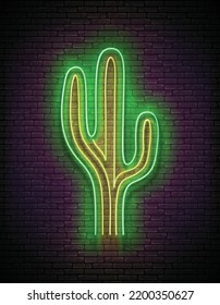 Glow Mexican cactus. Desert plant. Shiny Neon Poster, Flyer, Banner, Postcard, Invitation. Brick Wall. Vector 3d Illustration. 