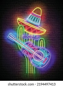 Glow Mexican cactus in sombrero with guitar. Cute singer, mariachi. Shiny Neon Poster, Flyer, Banner, Postcard, Invitation. Brick Wall. Vector 3d Illustration