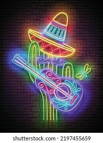 Glow Mexican cactus in sombrero with guitar. Cute singer, mariachi. Shiny Neon Poster, Flyer, Banner, Postcard, Invitation. Brick Wall. Vector 3d Illustration