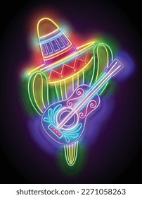 Glow Mexican cactus in sombrero with guitar. Cute singer, mariachi. Shiny Neon Poster, Flyer, Banner, Postcard, Invitation. Glossy Background. Vector 3d Illustration