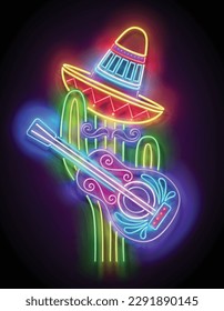 Cactus mexicanos brillantes con sombrero con guitarra. Cantante lindo, mariachi. Afiche, Volante, Cartel, Postales, Invitación. Fondo brillante. Ilustración del vector 3d