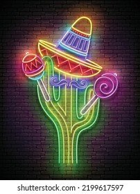 Glow Mexican cactus in sombrero with marocas. Cute singer, mariachi. Shiny Neon Poster, Flyer, Banner, Postcard, Invitation. Brick Wall. Vector 3d Illustration. 