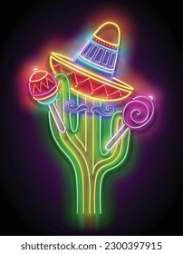 Glow Mexican cactus in sombrero with marocas. Cute singer, mariachi. Shiny Neon Poster, Flyer, Banner, Postcard, Invitation. Glossy Background. Vector 3d Illustration