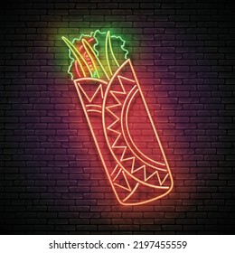 Glow Mexican chimichanga. Traditional ethnic food, appetizer. Neon Light Poster, Flyer, Banner, Signboard. Brick Wall. Vector 3d Illustration  svg
