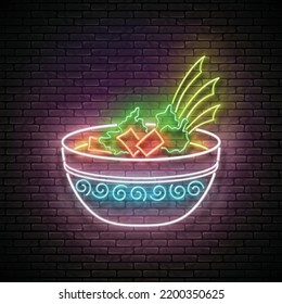 Glow Mexican soup in bowl with crackers. Traditional ethnic dish with vegetables, appetizer. Neon Light Poster, Flyer, Banner, Signboard. Brick Wall. Vector 3d Illustration 