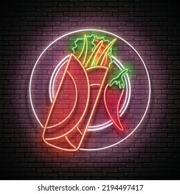 Glow Mexican spicy chimichanga on the plate. Traditional ethnic food, appetizer. Neon Light Poster, Flyer, Banner, Signboard. Brick Wall. Vector 3d Illustration  svg