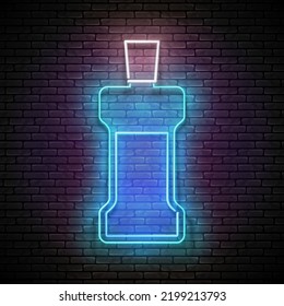 Glow Mouthwash Bottle, Personal Care Product. Healthcare Concept Template. Neon Light Poster, Flyer, Banner, Signboard. Brick Wall. Vector 3d Illustration