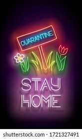 Glow Nameplate with Quarantine Inscription on Lawn. Template for Self Isolation Time Informing. Covid-19 Pandemic Concept. Neon Poster, Flyer, Banner. Vector 3d Illustration. Glossy Backgroun