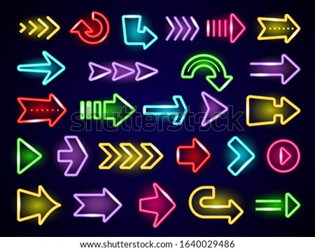 Glow neon arrows. Light direction arrows retro outside street advertizing elements vector neon realistic